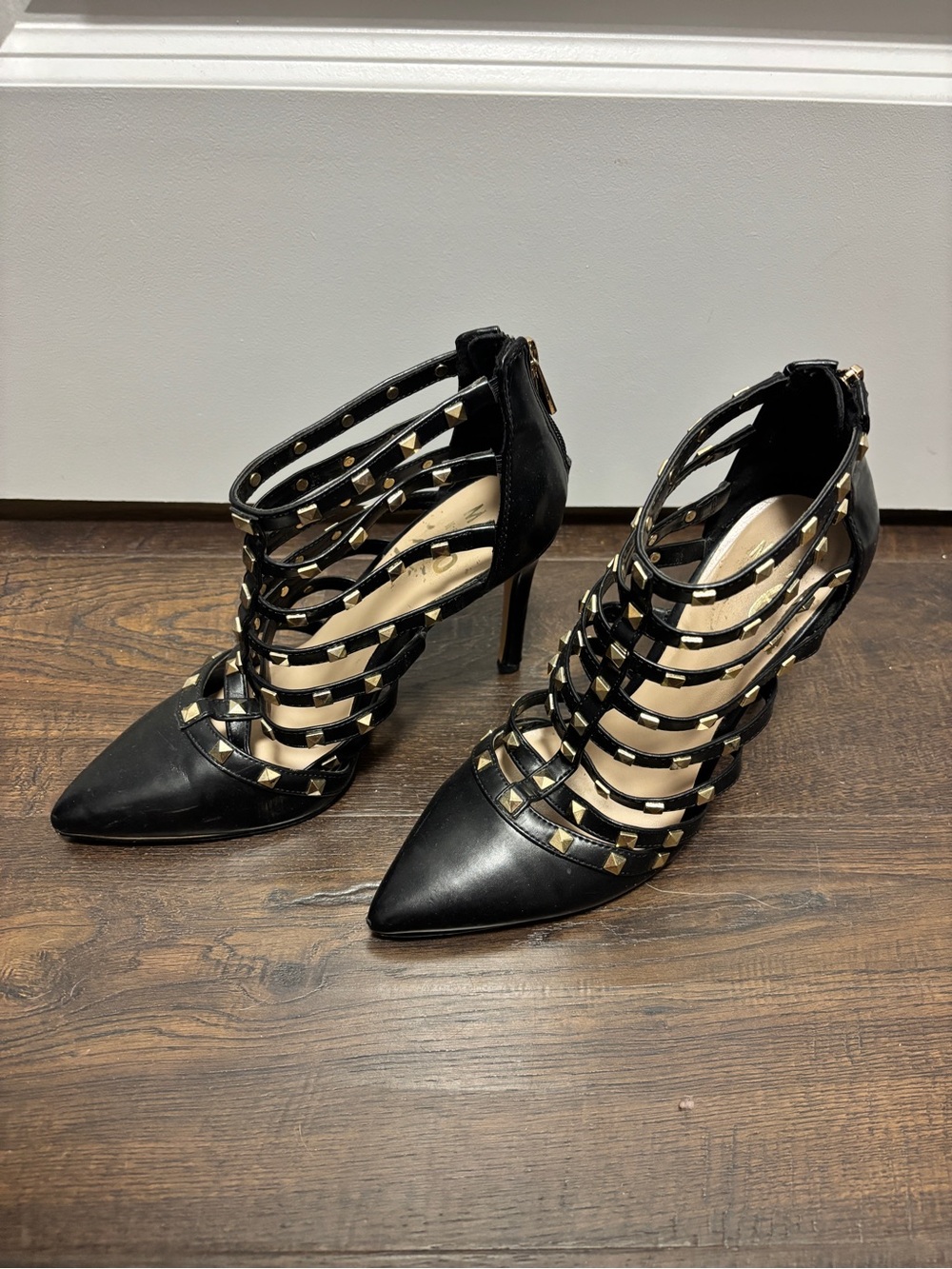 Black Studded Cage Pointed-Toe Stiletto Heels